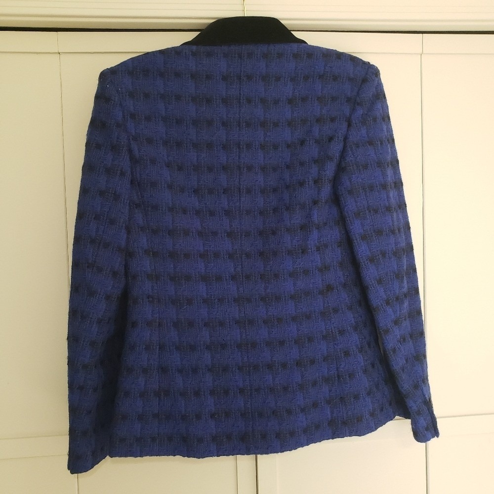 Jaeger London Blazer Jacket Blue Black Patterned Velvet Trim Cobalt - Picture 10 of 13